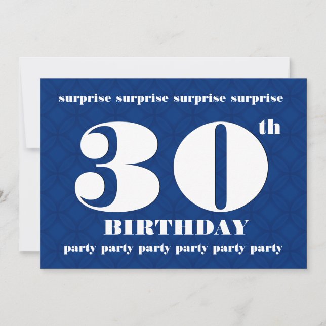 Invitación 30° SORPRISE Partido de cumpleaños azul y blanco v (Anverso)