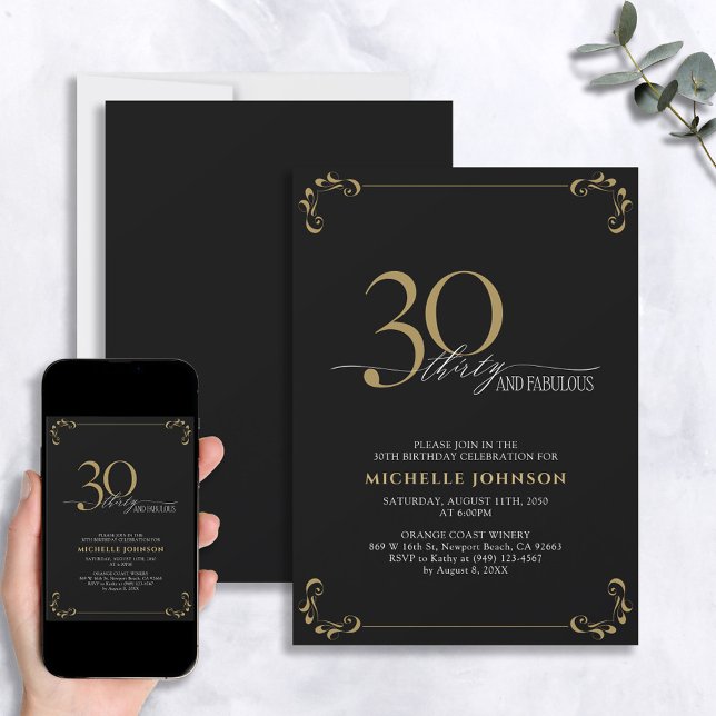 Invitación 30 y fabulosa caligrafía en negro y oro (Subido por el creador)