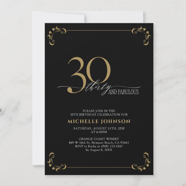 Invitación 30 y fabuloso cumpleaños de caligrafía en negro y  (Anverso)