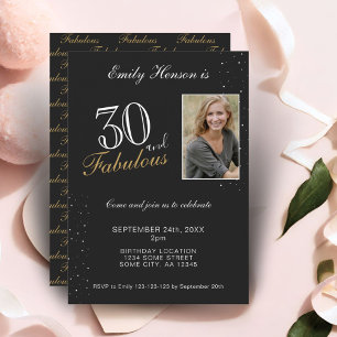 Invitación 30 y Fabuloso Elegante Cumpleaños Foto Negra 