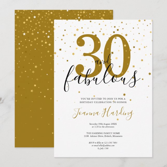 Invitación 30 y fabuloso elegante oro y cumpleaños negro (Anverso / Reverso)