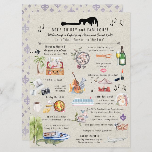 Invitación 30 y fabuloso | Nueva Orleans Cumpleaños Itinerari (Anverso / Reverso)
