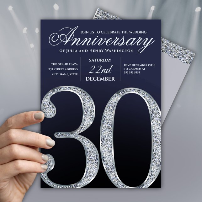 Invitación 30th Anniversary Diamond Silver Navy Blue (Subido por el creador)