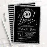 Invitación 30th Anniversary Party - Silver Black Invitation<br><div class="desc">30th wedding anniversary party invitation in faux glitter silver and black. Printed invite card featuring elegant typography script font and stripes on the back. Cheers to 30 years! Can be customized to any year of anniversary. Perfect for a stylish 30th anniversary celebration.</div>