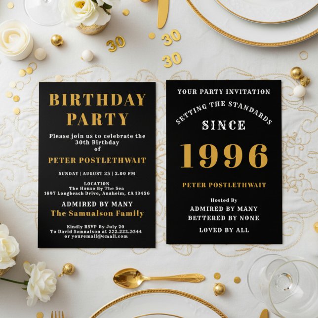 Invitación 30th Birthday Add Name 1996 Black Gold For Him (1996 birthday invitation. White background.)
