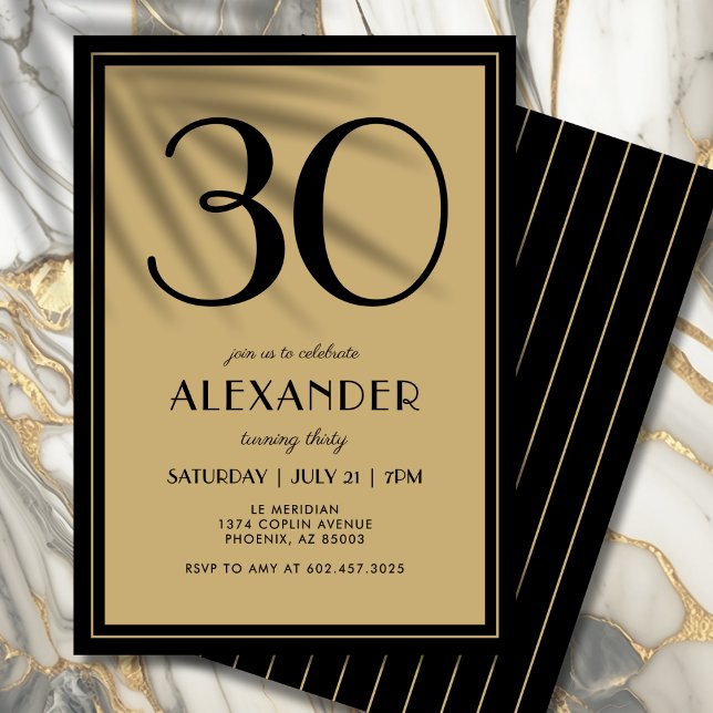 Invitación 30th Birthday Adult Black and Gold Modern Minimal  (Personalized black and gold invitation for an unforgettable 30th birthday.)