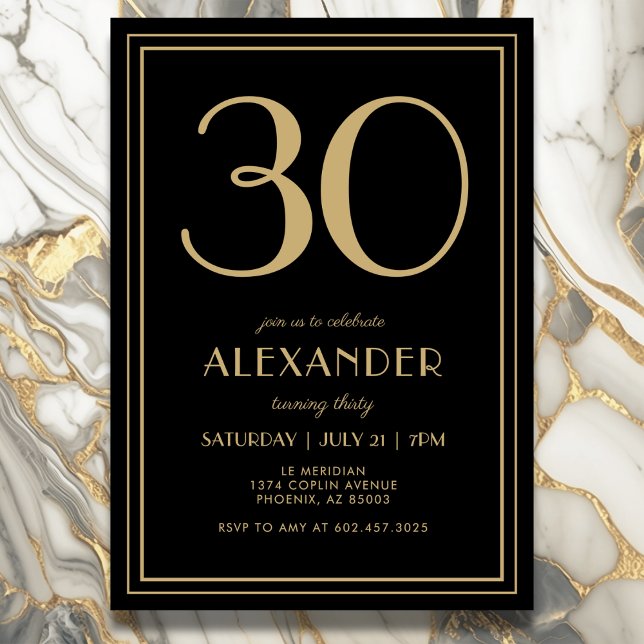Invitación 30th Birthday Black and Gold Modern Minimal Adult (Elegant black and gold 30th birthday invitation design.)