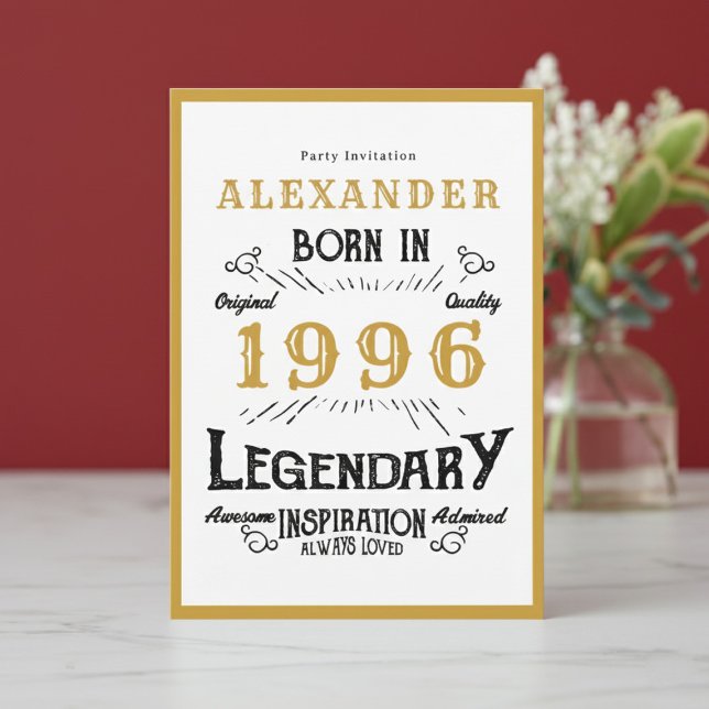 Invitación 30th Birthday Born 1996 White Gold Legend (Born 1996 birthday invitation.)