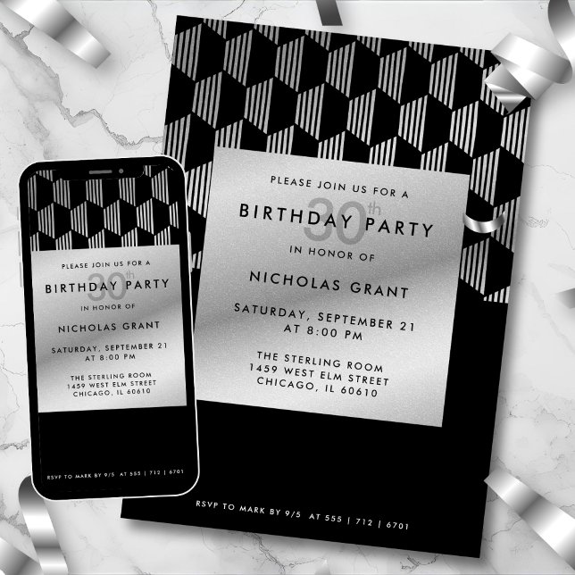 Invitación 30th Birthday Modern Black Faux Silver Foil (Subido por el creador)