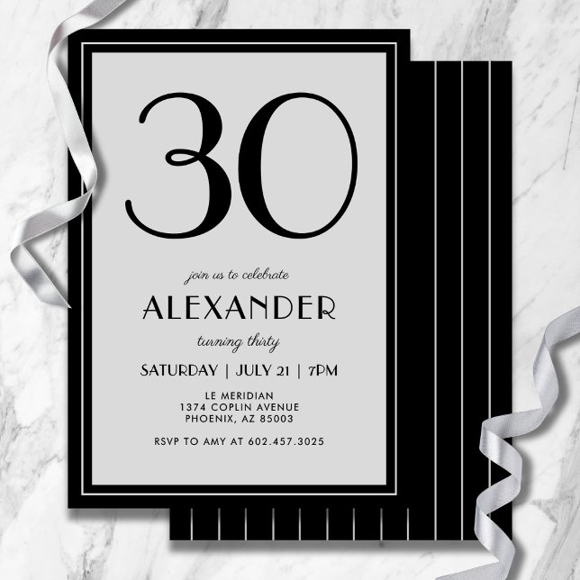 Invitación 30th Birthday Modern Minimalist Mens Black Gray (Refined black and gray stripes add modern flair to your 30th celebration.)