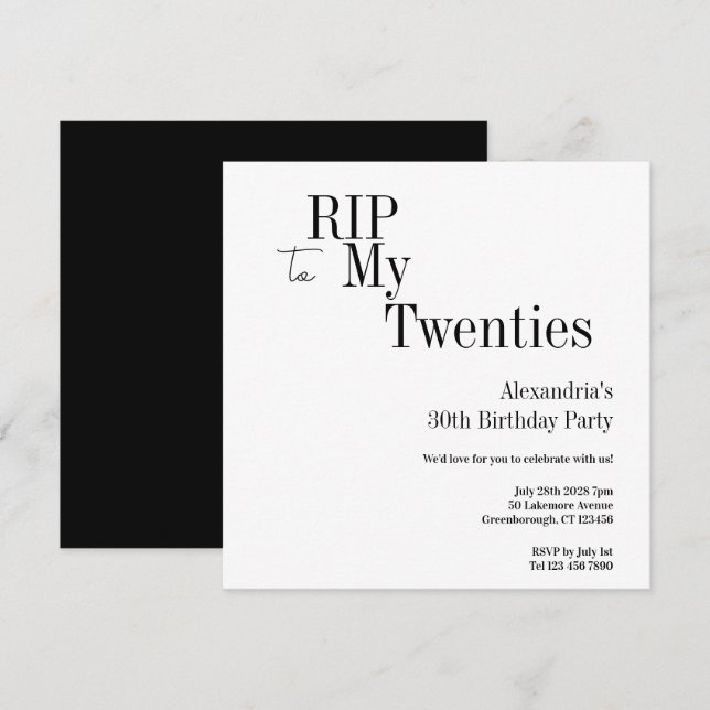 Invitación 30th Birthday RIP 20s Black and White Minimal (Anverso / Reverso)