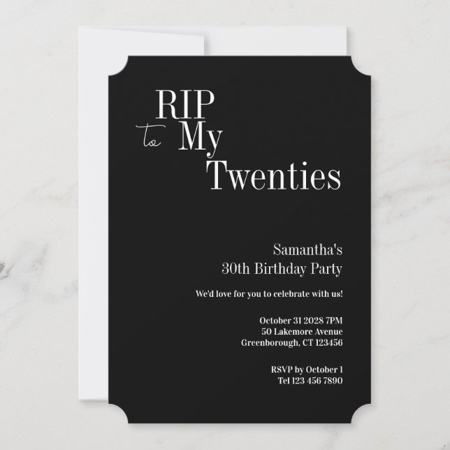 Invitación 30th Birthday RIP Twenties Party Black and White (Anverso)