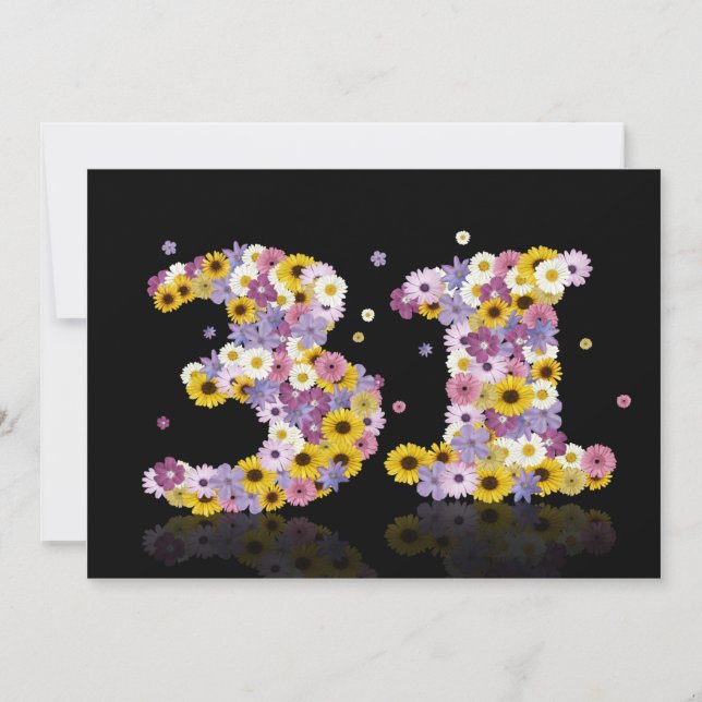 Invitación 31ª fiesta de cumpleaños, con letras con flores (Anverso)