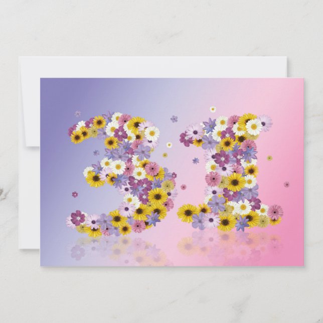 Invitación 31ª fiesta de cumpleaños, con letras con flores (Anverso)