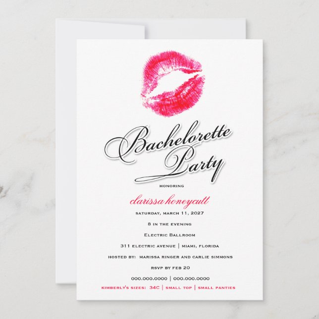 Invitación 311-Bachelorette fiesta - besos del rojo del (Anverso)