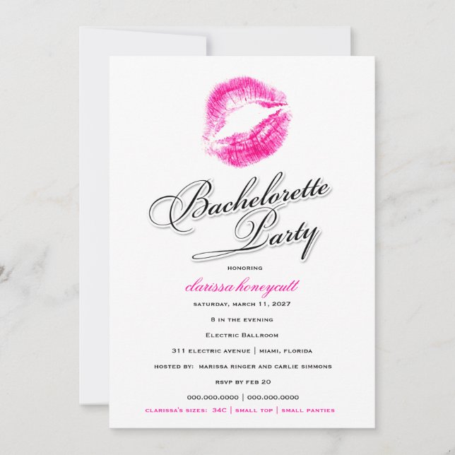 Invitación 311-Bachelorette Party - Besos rosas (Anverso)