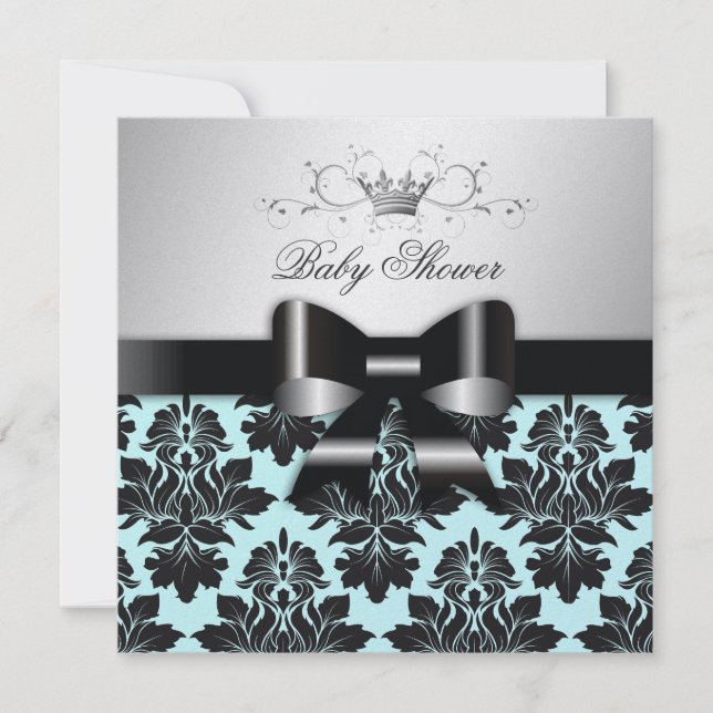 Invitación 311 Black Damask Blackberry Blue| Baby Shower (Anverso)