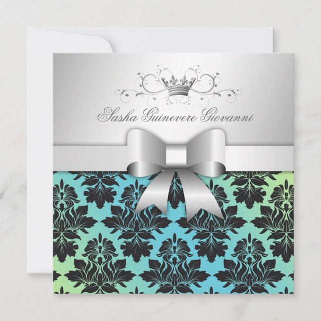 Invitación 311-Blackberry Damask Bow Turquoise Lime Sweet 16 (Anverso)