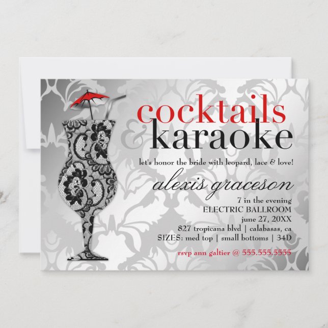 Invitación 311 Cócteles y Karaoke Red Damask (Anverso)