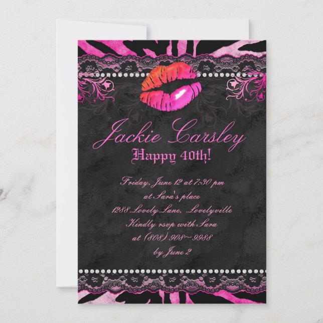 Invitación 311 Diamantes de encaje Cumpleaños Party Labios Ro (Anverso)
