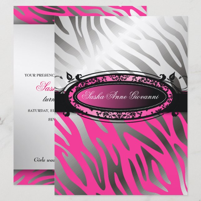 Invitación 311 dulce 16 de la cebra | de las rosas fuertes de (Anverso / Reverso)