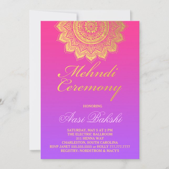 Invitación 311 Mendhi Ceremonia Pink Purple Ombre (Anverso)
