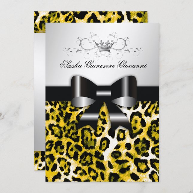Invitación 311 Moda Leopardo Amarillo Bow Silve metálico (Anverso / Reverso)