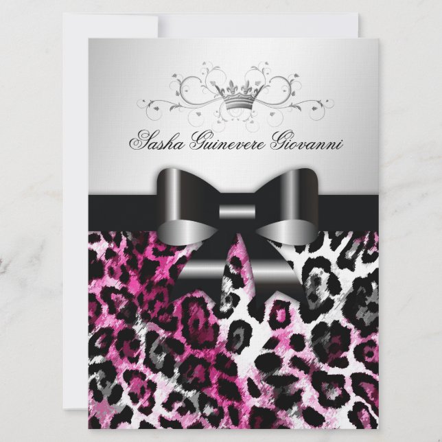 Invitación 311 Moda Leopardo Rosado caliente Bow Metálico (Anverso)