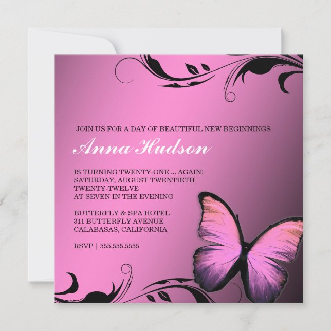 Invitación 311 Tapón rosa de mariposa lisa (Anverso)