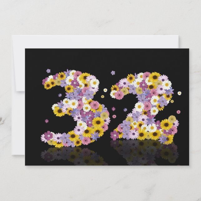 Invitación 32.ª fiesta de cumpleaños, con letras con flores (Anverso)