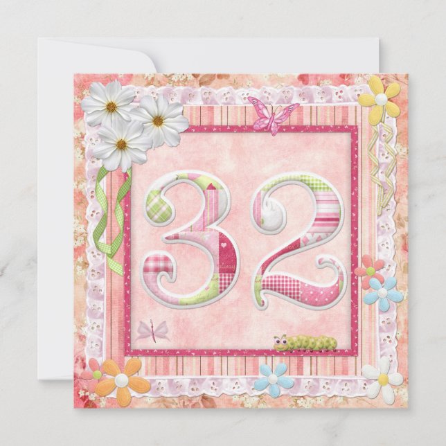 Invitación 32.ª fiesta de cumpleaños estilo scrapbooking (Anverso)