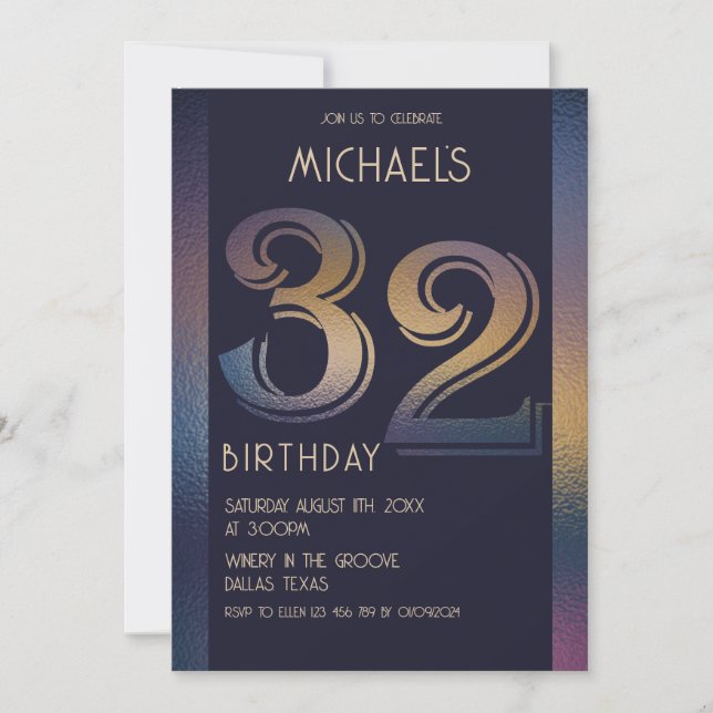 Invitación 32.º púrpura oscuro moderno y cumpleaños dorado (Anverso)