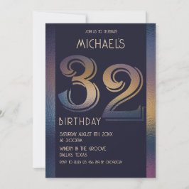 Invitación 32.º púrpura oscuro moderno y cumpleaños dorado
