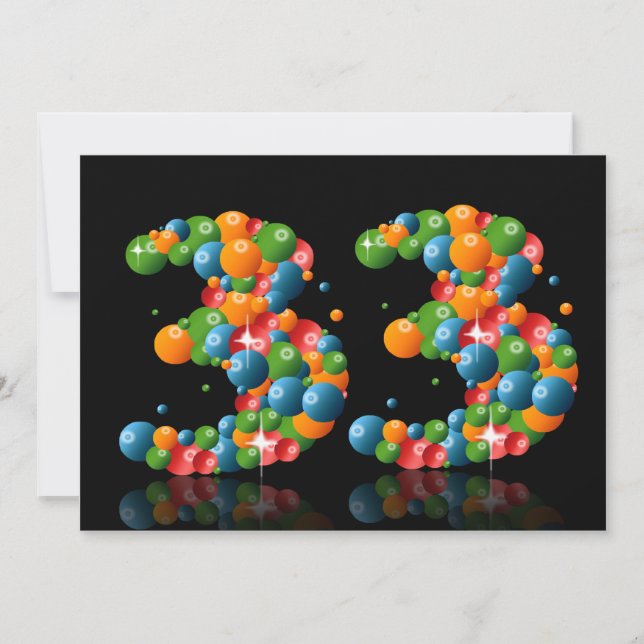Invitación 33.ª fiesta de cumpleaños, con burbujas y bolas (Anverso)