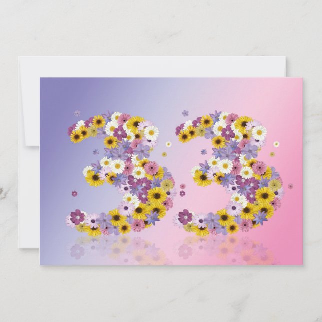 Invitación 33.ª fiesta de cumpleaños, con letras con flores (Anverso)