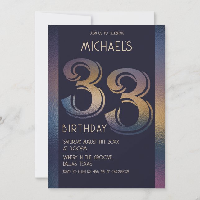 Invitación 33.º púrpura oscuro moderno y cumpleaños dorado (Anverso)