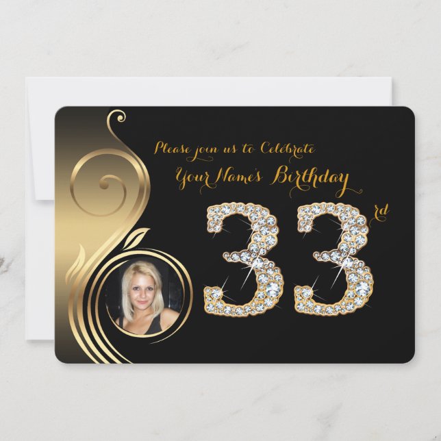 Invitación 33,Invitación por cumpleaños,Número Diamante,Foto  (Anverso)