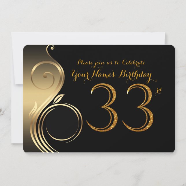 Invitación 33,Invitación por cumpleaños,Oro número Purpurina, (Anverso)