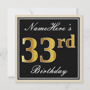 Invitación 33ro cumpleaños del oro elegante, negro, falso +