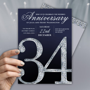 Invitación 34º Aniversario Diamante Plateado Azul Marino