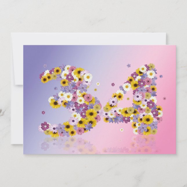 Invitación 34.ª fiesta de cumpleaños, con letras con flores (Anverso)
