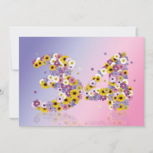 Invitación 34.ª fiesta de cumpleaños, con letras con flores