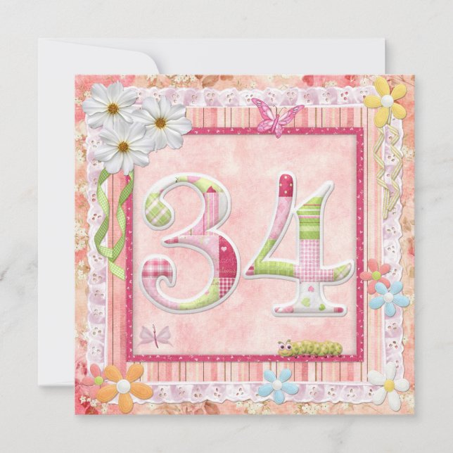 Invitación 34.ª fiesta de cumpleaños estilo scrapbooking (Anverso)