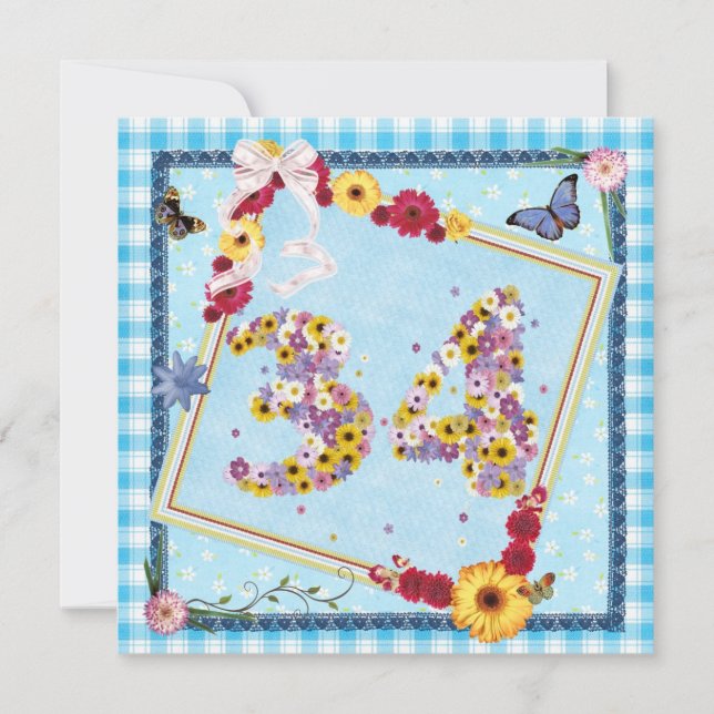 Invitación 34.ª fiesta de cumpleaños Flores de invitación, ma (Anverso)