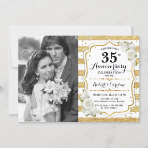Invitación 35º Aniversario con Foto - Blanco Dorado