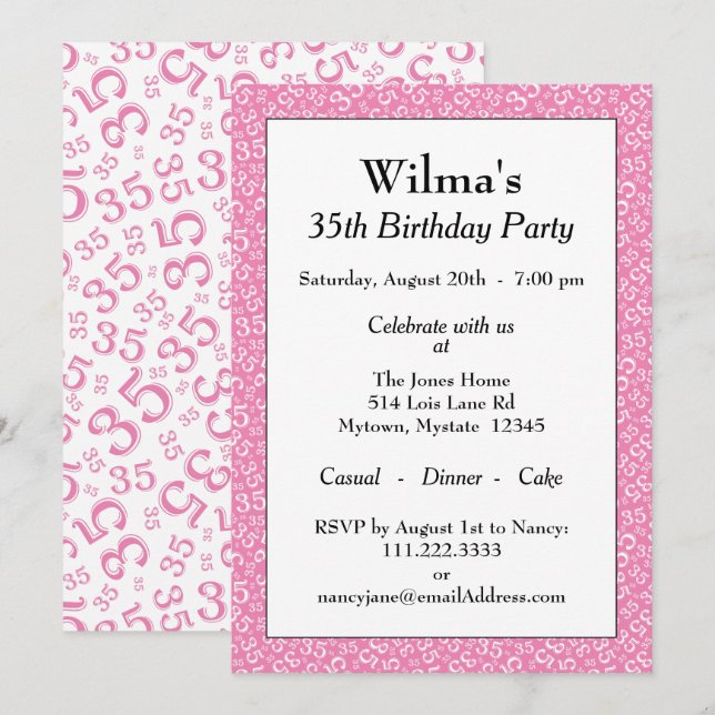 Invitación 35.ª fiesta de cumpleaños Patrón rosa y blanco (Anverso / Reverso)
