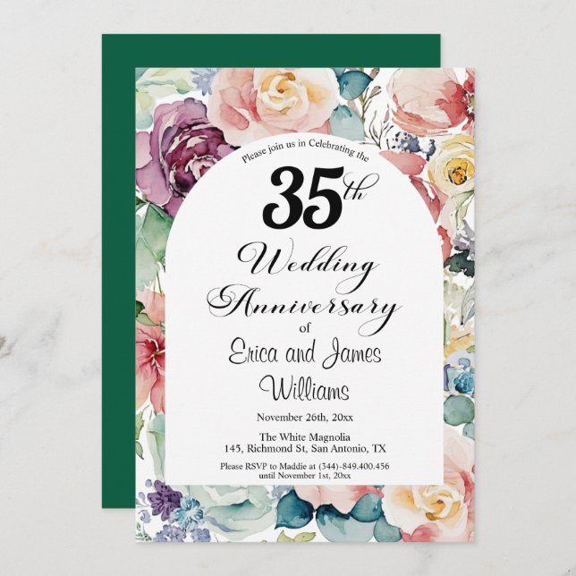 Invitación 35° Aniversario Boda Elegante Script Floral (Anverso / Reverso)