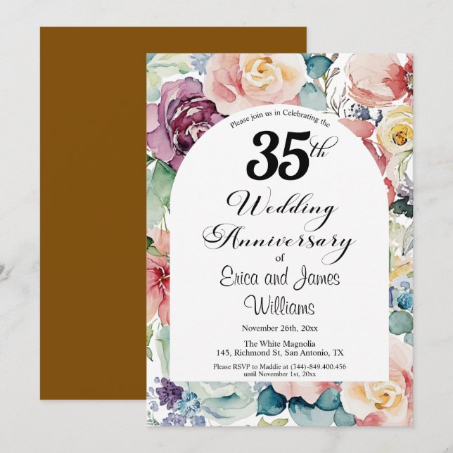 Invitación 35° Aniversario Boda Elegante Script Floral (Anverso / Reverso)