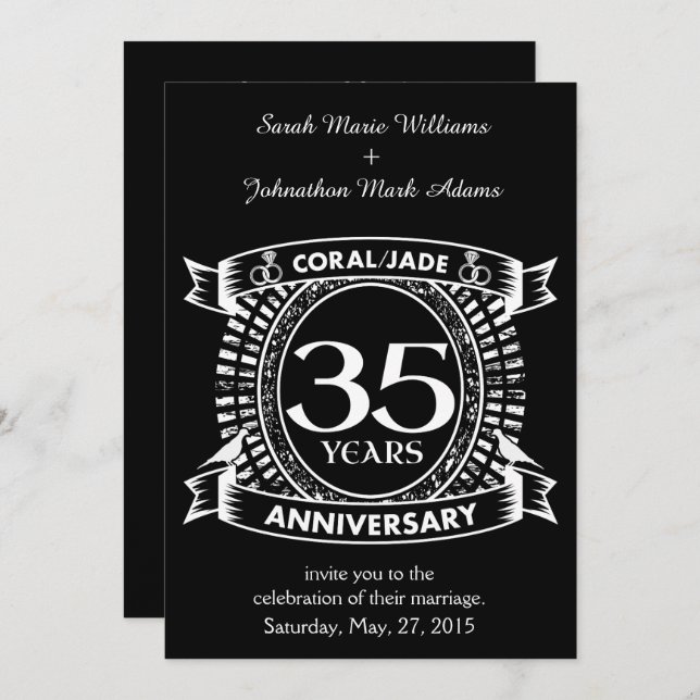 Invitación 35° aniversario boda escudo Coral Jade (Anverso / Reverso)