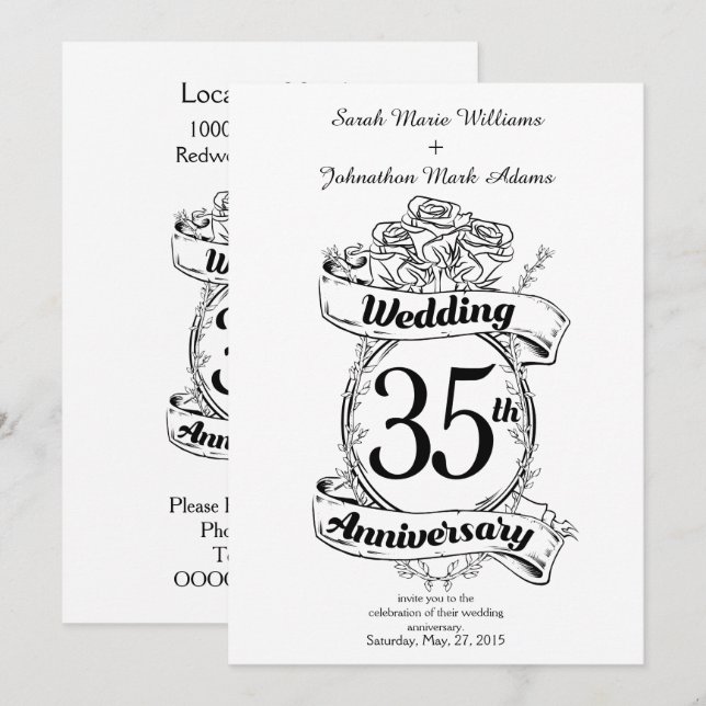 Invitación 35° Aniversario Boda Flores en blanco y negro (Anverso / Reverso)